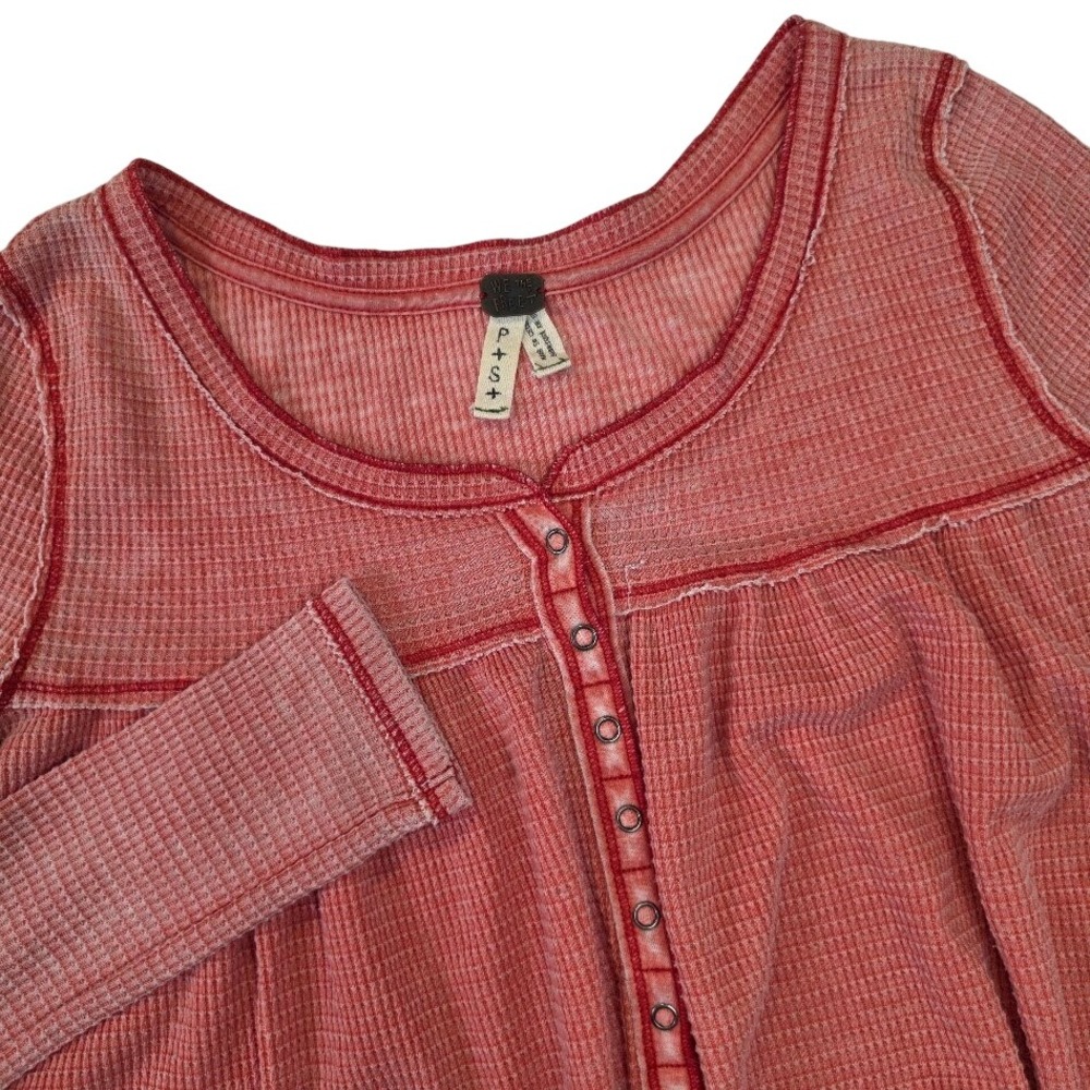 We The Free SMALL Kai Thermal Top Red Waffle Knit Babydoll High Low Snap Front